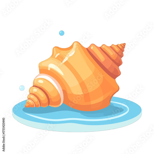 Pixelated Seashell Icon on Light Blue Puddle Graphic with Orange and White Shell and Small Blue Bubbles