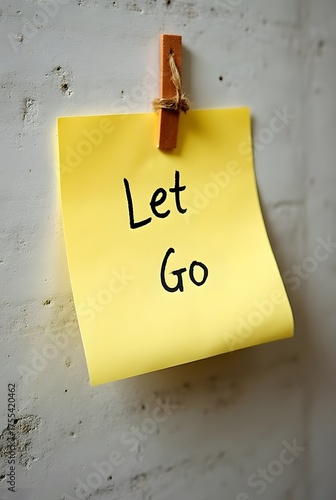 A bright yellow sticky note, secured by a rustic wooden clothespin and twine, displays the handwritten inspirational message Let Go against a textured grey wall, vertical composition.