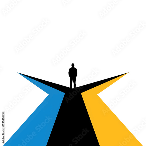 Silhouette of Person at Fork in Road with One Path Blue and the Other Yellow on a White Background