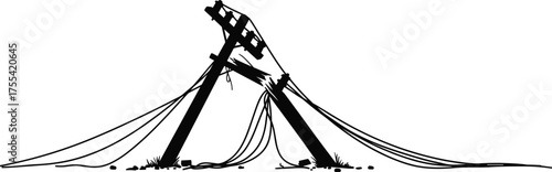Broken electric power poles fallen to the ground with tangled wires, black and white vector illustration representing storm damage, energy failure, and infrastructure collapse.