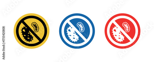 No bacteria prohibition badges. yellow, blue and red circle slash vector icons for hygiene, cleaning