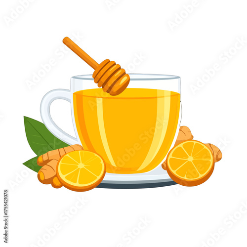 Refreshing Ginger and Lemon Tea in a Clear Glass Mug with Honey Dipper on White Background