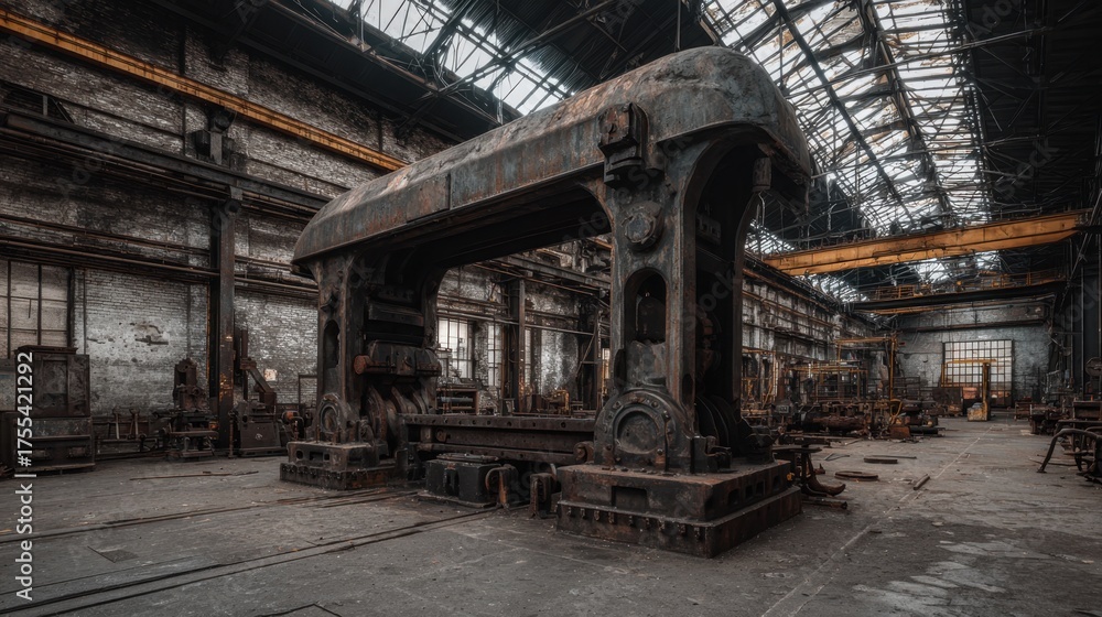Obraz premium Abandoned Industrial Workshop with Rusty Machinery and Dusty Floors in an Empty Factory Space