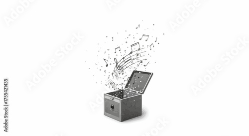 Music notes emerging from an open metal box against white background  