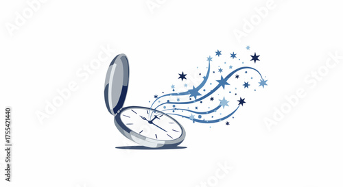 Open pocket watch with magical blue sparkles and stars  