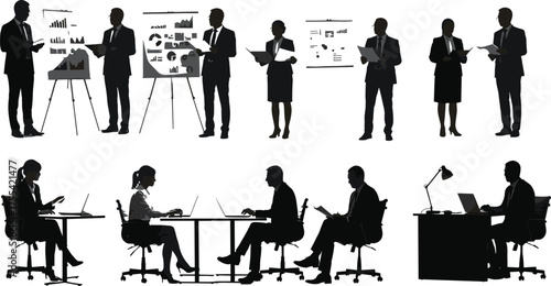 Business team silhouettes in office meeting, analyzing charts, teamwork collaboration, data presentation, professional communication, productivity and leadership concept vector illustration design