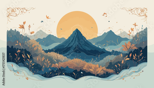 landscape, mountains, mountain, sky, nature, sunset, vector, fog, snow, sun, sunrise, cloud, illustration, peak, clouds