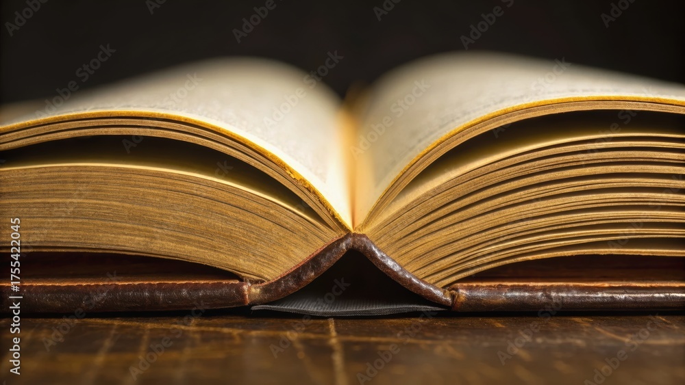 Fototapeta premium Open book with pages fanned out, showcasing rich textures and warm lighting, creating an inviting atmosphere for reading.