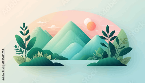 landscape, mountains, mountain, sky, nature, sunset, vector, fog, snow, sun, sunrise, cloud, illustration, peak, clouds