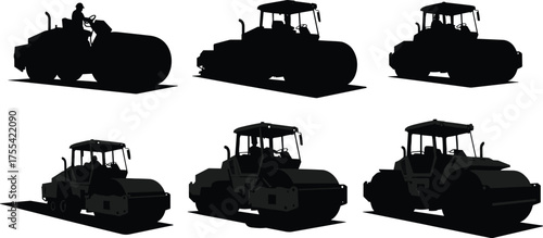 Construction road roller vehicle silhouettes set, heavy equipment machinery illustration for roadwork and asphalt compaction, industrial engineering vector design, transportation concept