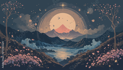 landscape, mountains, mountain, sky, nature, sunset, vector, fog, snow, sun, sunrise, cloud, illustration, peak, clouds