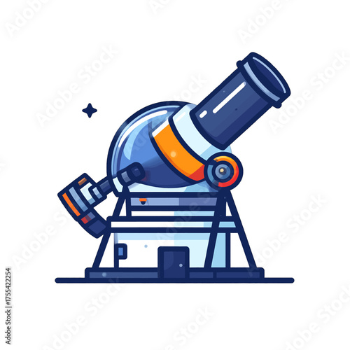 Pixel Art Telescope Illustration with Navy Blue and Orange Accents on White Background