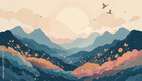 landscape, mountains, mountain, sky, nature, sunset, vector, fog, snow, sun, sunrise, cloud, illustration, peak, clouds