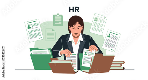Human Resources Professional Working With Documents, Evaluating Resumes And Applications For