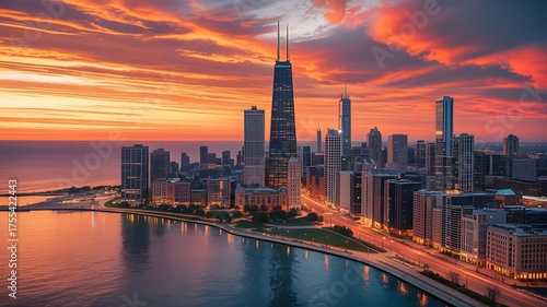 Chicago Skyline at Sunset – John Hancock Center and Lake Michigan from Above