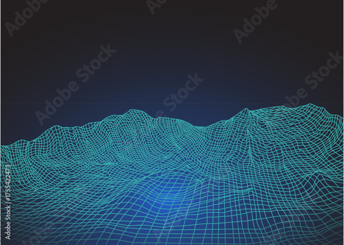 Blue Futuristic Wireframe Mountain Terrain Digital Landscape Background