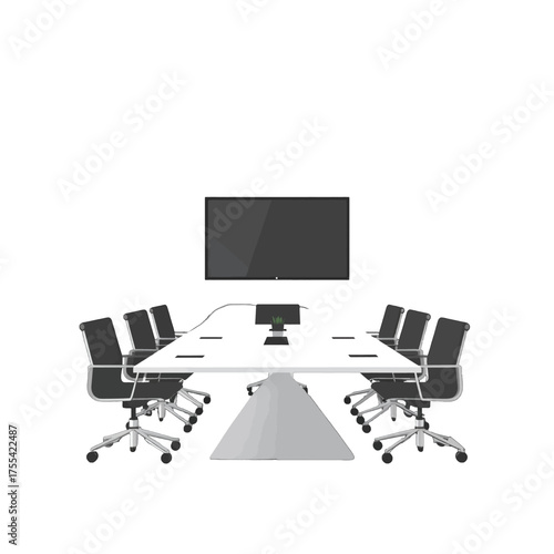 Conference Room with White Table Black Chairs and Television Screen for Business Meetings in Minimalist Style Under Bright Lighting on White Background