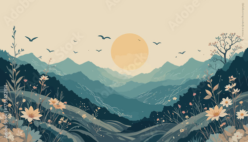 landscape, mountains, mountain, sky, nature, sunset, vector, fog, snow, sun, sunrise, cloud, illustration, peak, clouds