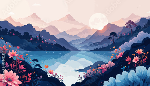landscape, mountains, mountain, sky, nature, sunset, vector, fog, snow, sun, sunrise, cloud, illustration, peak, clouds