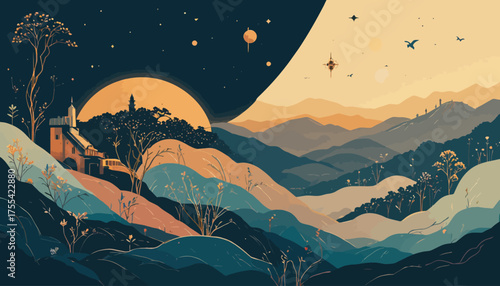landscape, mountains, mountain, sky, nature, sunset, vector, fog, snow, sun, sunrise, cloud, illustration, peak, clouds