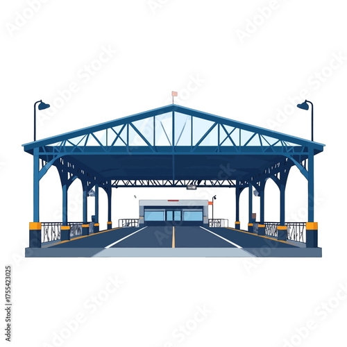 Pixelated Blue Covered Structure with Central Building and Roadway in a Simple Low Resolution Design on White Background