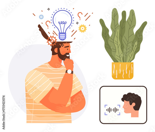 Thoughtful man with light bulb metaphor for ideas, potted plant for growth, and voice recognition interface for technology. Ideal for creativity, innovation, AI, productivity, self-reflection