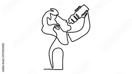 Continue line animation of man is drinking water from a bottle