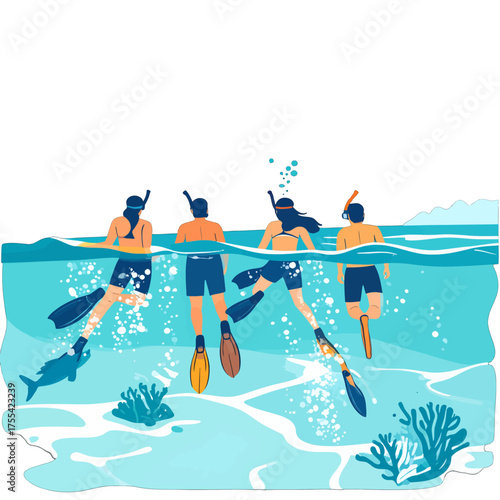 Group of People Snorkeling in Turquoise Water with Flippers and Gear Against White Background Underwater Scene in Vector Illustration Style