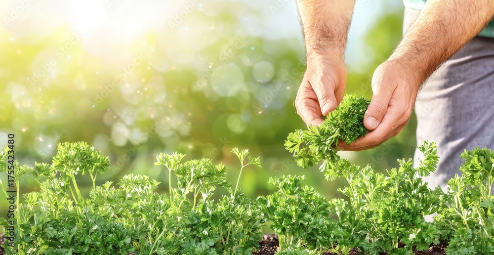 Fototapeta premium A fresh commercial poster showing a man picking parsley in a sunny garden, soft focus on plants, ample copy space at the bottom, clear poster background