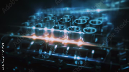 Engine components illuminated with glowing lights creating an abstract visual effect. High-tech environment with sleek metallic surfaces. Concept of automotive design, engineering, innovation