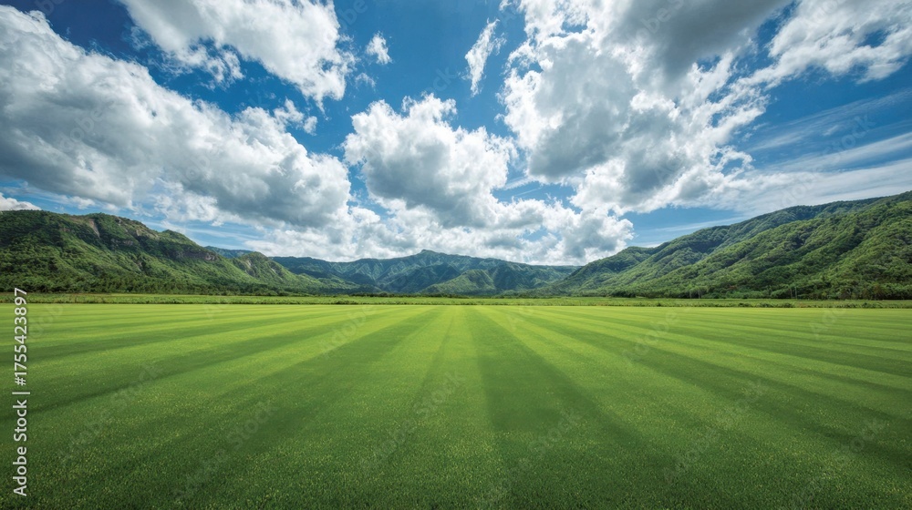Obraz premium Lush Green Meadow with Striking Clouds Over Mountainous Landscape in Daylight