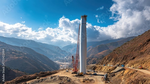 Wind turbine construction site with towering structure against a scenic mountainous backdrop under a dramatic sky