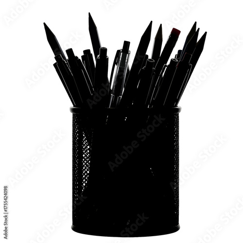 Black Pencil Holder Filled with Assorted Pencils on a White Background Still Life Studio Shot Office Supplies Equipment Stationary and Tools
