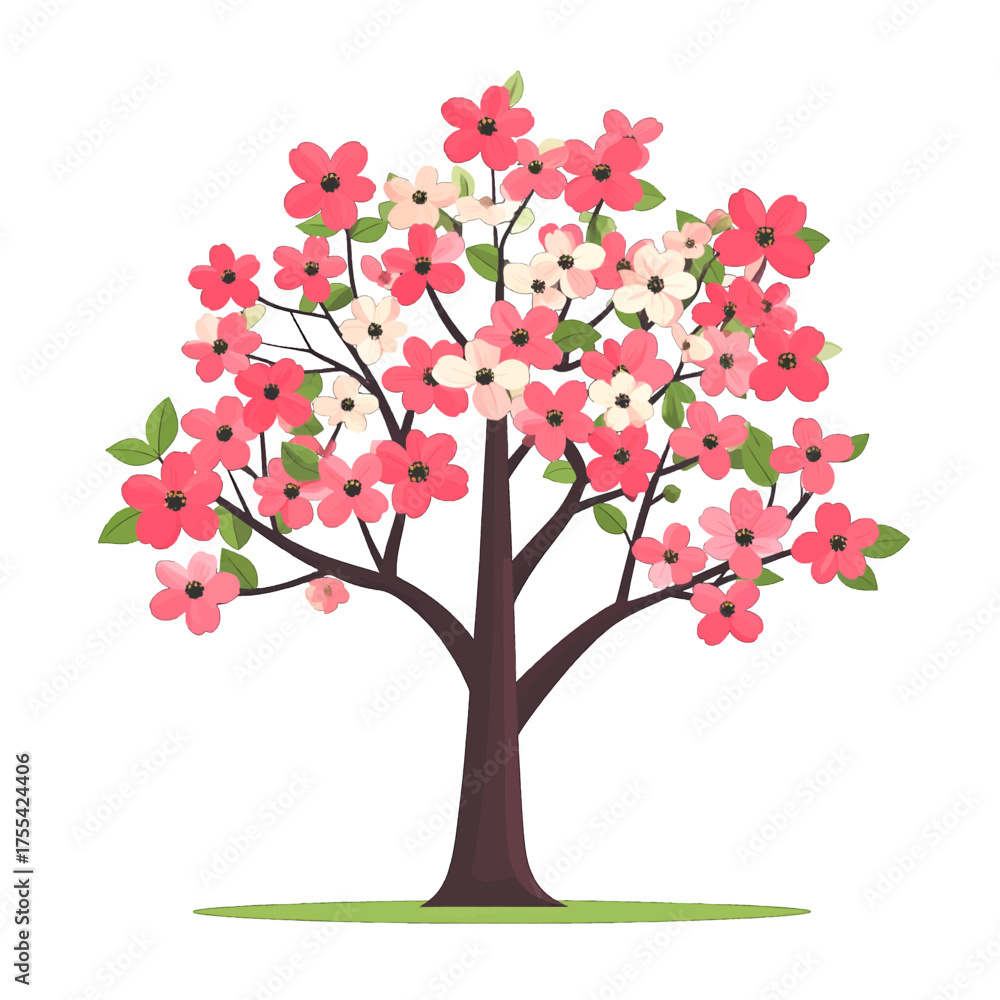 Fototapeta premium Pink Blossoming Tree Illustration with White Background and Spring Theme Botanical Illustration with Delicate Petals and Fresh Green Leaves Optimized for Stock