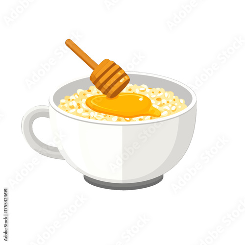 Oatmeal in a White Bowl Topped with Honey Drizzled from Wooden Dipper Pixel Art on White Background