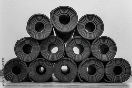 Stacked Black Yoga Mats Forming a Triangle on Wooden Floor