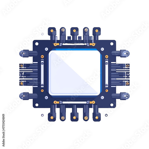 Square Blue Computer Chip with Multiple Pins and Pixel Art Style on White Background Computer Hardware Component Technology Detailed