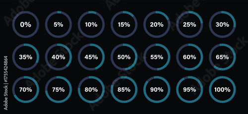 Set of circle percentage diagrams meters from 0 to 100 ready-to-use for web design. Timer icon with five percent interval. Download display.  