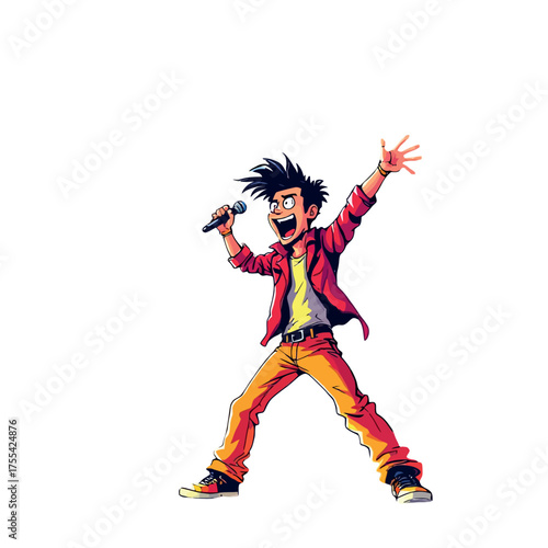 Vsai cartoon boy singing into microphone performing pop music