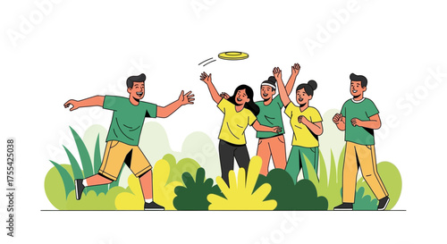 Joyful Group Having Fun Playing Frisbee In The Sunshine, Outdoor Recreation