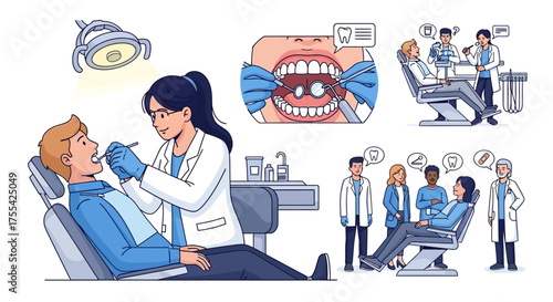 Dental Clinic Examining Teeth and Patient Interaction, a Detailed Illustration Set