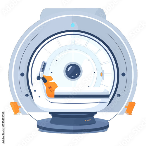Pixelated Medical Scanner with Patient Bed and Circular Design in White and Blue Tones on Isolated Background