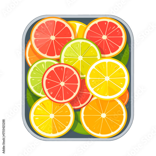 Overhead View of Assorted Citrus Fruit Slices in a Dark Tray Orange Grapefruit Lemon and Lime Fruit Slices with Colorful Variety on White Background