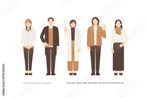 冬服で様々なポーズをとる若い男女 5人グループの全身イラストセット