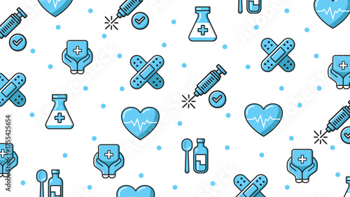 Medicine seamless pattern featuring light blue medical icons like hearts, syringes, and bandaids. Suitable for healthcare designs.