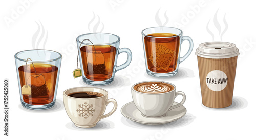 Various Cups of Hot Drinks Tea, Coffee, and Take Away Cup, Vector Illustration