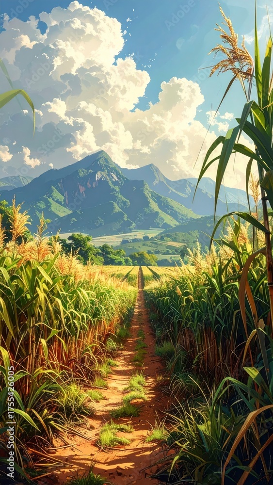 Fototapeta premium Cornfield Path Leading to Mountains Under a Cloudy Sky.