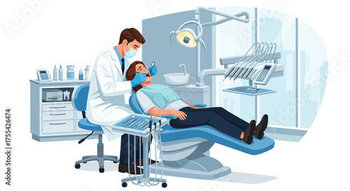 Dentist Examining a Patient in a Modern Dental Clinic Setting with Equipment