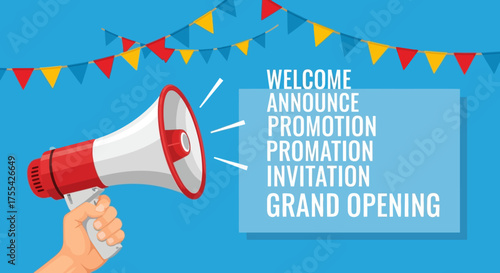 Dynamic Event Announcement Graphic with Megaphone for Grand Openings, Welcome Messages, and Promotional Marketing Campaigns