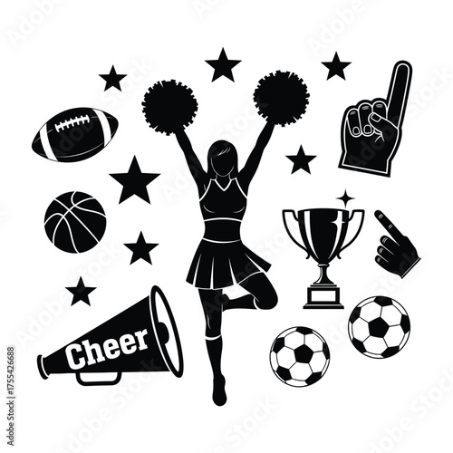 Cheerleader Sports Fanatic Icons Collection Vector Silhouette Keywords: Cheerleader, pom poms